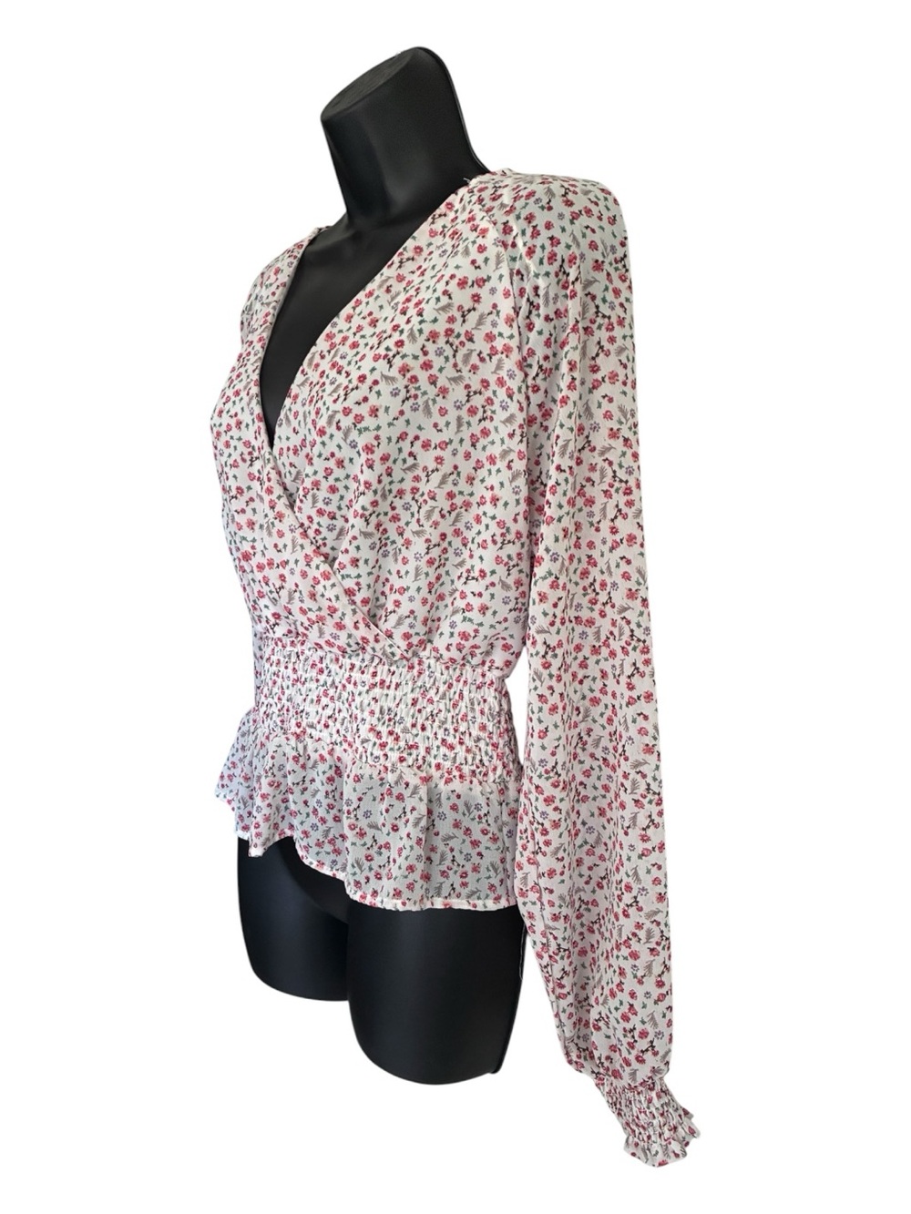 Fairy Whimsygoth Coquette White Coral Ditsy Floral Surplice Peplum Blouse Sz L - Picture 2 of 8